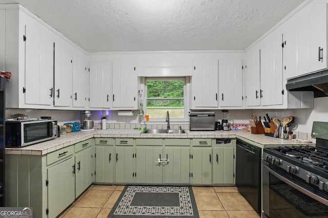 kitchen with gas stove, a sink, dishwasher, stainless steel microwave, and tile counters