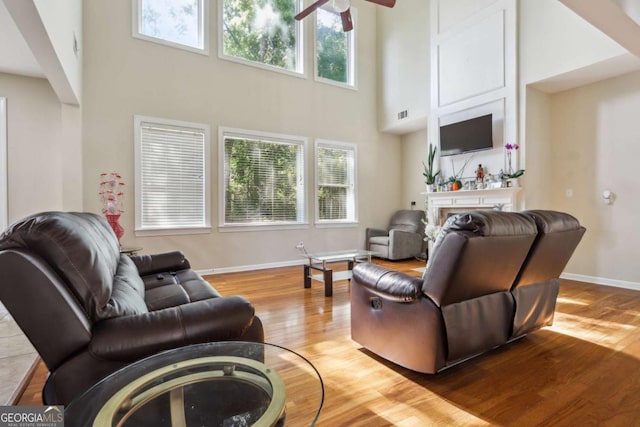 1520 Ethans Way, Mcdonough, GA 30252 - living area with ceiling fan, wood finished floors, baseboards, a high ceiling, and a fireplace