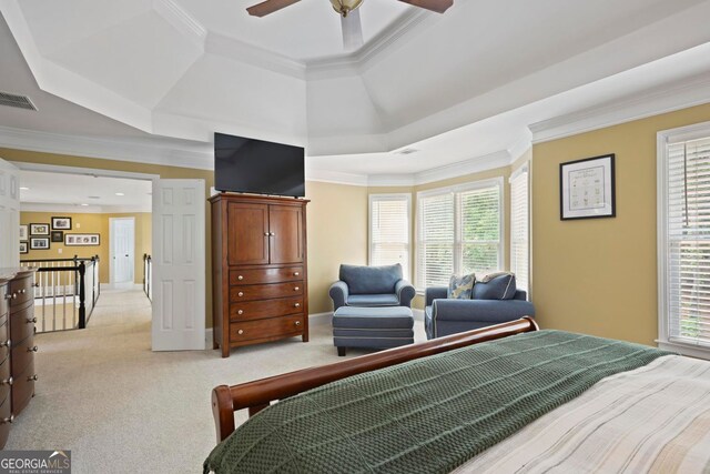 6317 Benbrooke Overlook NW, Acworth, GA 30101 - bedroom with light carpet, ornamental molding, multiple windows, and a raised ceiling