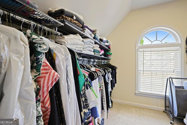 6317 Benbrooke Overlook NW, Acworth, GA 30101 - walk in closet featuring carpet flooring and vaulted ceiling