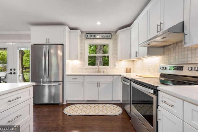 3890 Cherrydale Ln SE, Smyrna, GA 30082 - kitchen with appliances with stainless steel finishes, under cabinet range hood, white cabinetry, light countertops, and recessed lighting