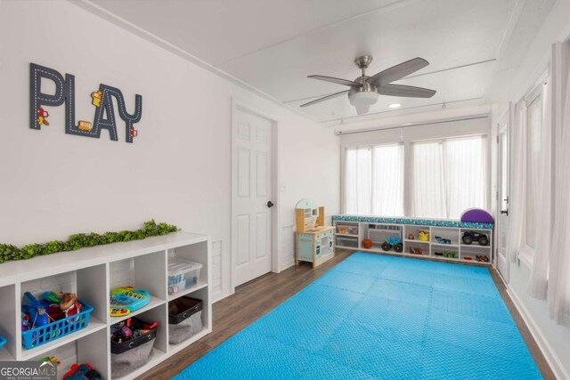 3890 Cherrydale Ln SE, Smyrna, GA 30082 - rec room featuring a ceiling fan, wood finished floors, and attic access