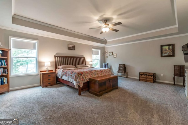 592 Eagles Nest Cir, Auburn, GA 30011 - bedroom with a raised ceiling, carpet floors, ornamental molding, baseboards, and a ceiling fan