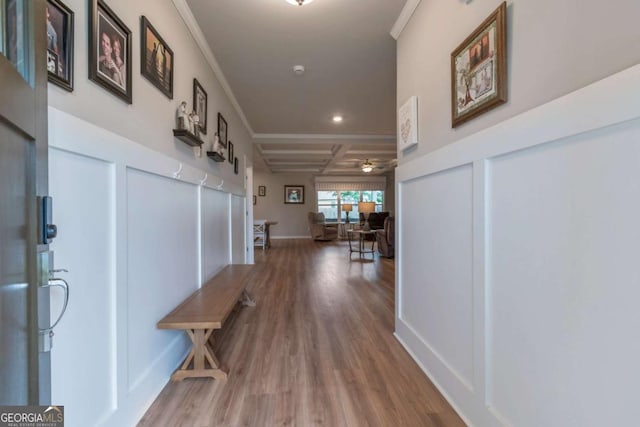 592 Eagles Nest Cir, Auburn, GA 30011 - hall featuring coffered ceiling, wood finished floors, beamed ceiling, baseboards, and ornamental molding