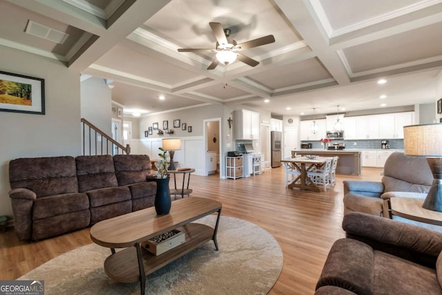 592 Eagles Nest Cir, Auburn, GA 30011 - living room featuring light wood finished floors, a ceiling fan, recessed lighting, coffered ceiling, and beam ceiling