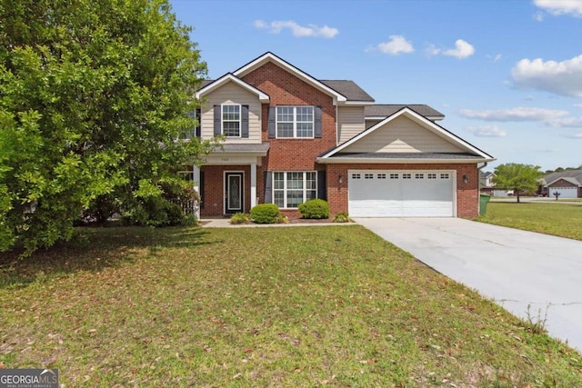 500 Wyckfield Way, Hinesville, GA 31313 - traditional home with a garage, brick siding, concrete driveway, and a front lawn