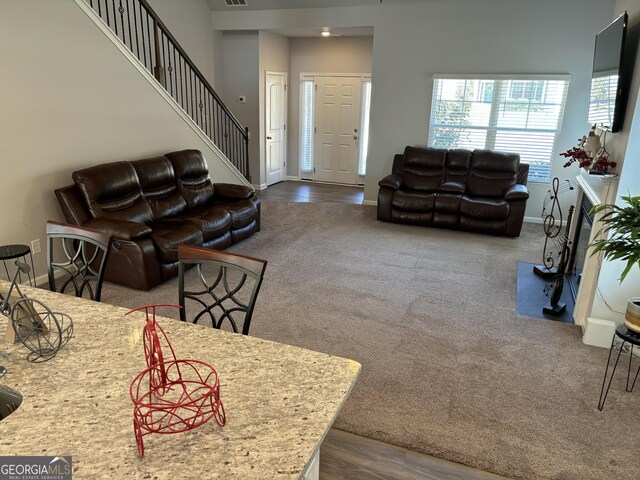 457 Panhandle Pl, Hampton, GA 30228 - living room with baseboards, carpet, stairway, and wood finished floors