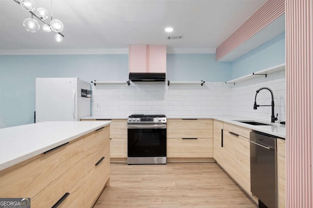 845 Lake Hollow Blvd SW, Marietta, GA 30064 - kitchen featuring open shelves, appliances with stainless steel finishes, light brown cabinets, a sink, and modern cabinets