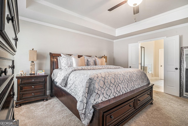 3415 Linstead Ct, Loganville, GA 30052 - bedroom with a tray ceiling, light colored carpet, crown molding, and ceiling fan