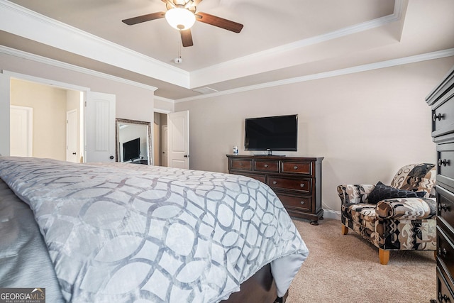 3415 Linstead Ct, Loganville, GA 30052 - bedroom with a tray ceiling, carpet floors, baseboards, crown molding, and ceiling fan