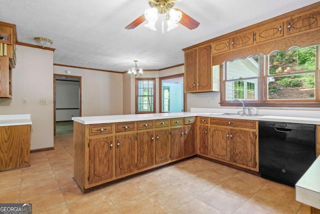 357 Breeze Hill Ln, Canton, GA 30114 - kitchen featuring dishwasher, a peninsula, plenty of natural light, brown cabinetry, and ornamental molding