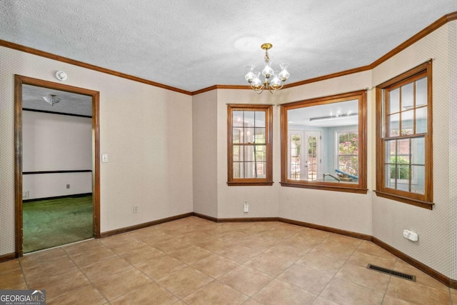 357 Breeze Hill Ln, Canton, GA 30114 - empty room featuring ornamental molding, a chandelier, a textured ceiling, light tile patterned flooring, and a smoke detector