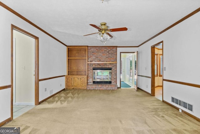 357 Breeze Hill Ln, Canton, GA 30114 - unfurnished living room with light colored carpet, a brick fireplace, ceiling fan, and ornamental molding