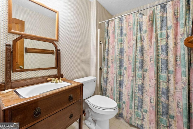 357 Breeze Hill Ln, Canton, GA 30114 - bathroom featuring wallpapered walls, vanity, and a shower with curtain