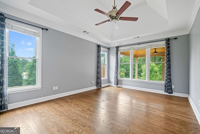 spare room with a raised ceiling, a ceiling fan, wood finished floors, baseboards, and crown molding