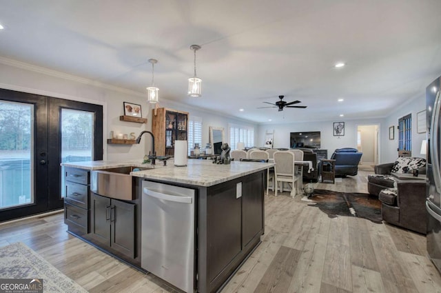 118 Arrowhead Dr, Cartersville, GA 30120 - kitchen with a sink, dishwasher, open floor plan, a ceiling fan, and french doors