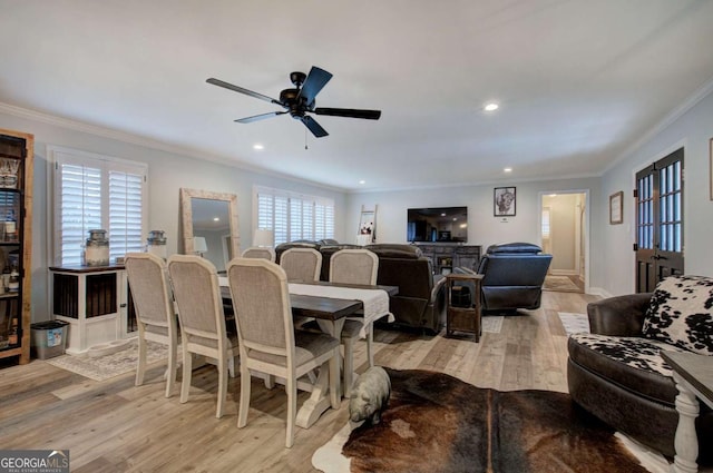 118 Arrowhead Dr, Cartersville, GA 30120 - dining room with ornamental molding, light wood finished floors, a ceiling fan, recessed lighting, and baseboards