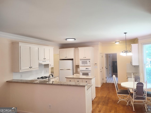 308 Bell Isle, Mcdonough, GA 30252 - kitchen with white appliances, a peninsula, white cabinetry, ornamental molding, and decorative light fixtures