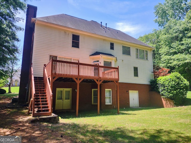 308 Bell Isle, Mcdonough, GA 30252 - back of house featuring a chimney, a wooden deck, a lawn, and stairway