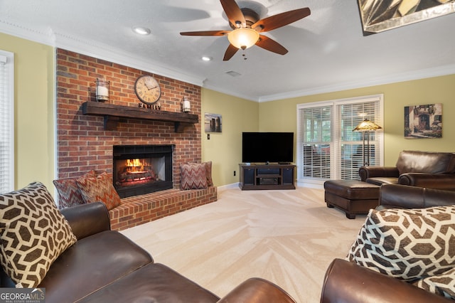 carpeted living room featuring crown molding, ceiling fan, a fireplace, recessed lighting, and baseboards