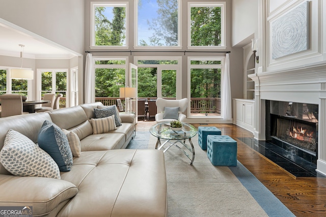 living area featuring a high ceiling, a fireplace, ornamental molding, and wood finished floors
