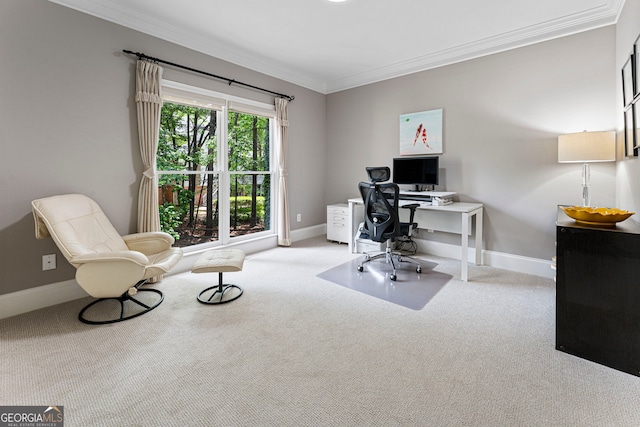 carpeted office with crown molding and baseboards