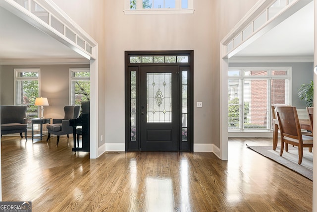 foyer entrance with wood finished floors, baseboards, ornamental molding, and a high ceiling