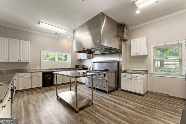 kitchen with wall chimney exhaust hood, ornamental molding, white cabinets, dark wood-type flooring, and stainless steel counters