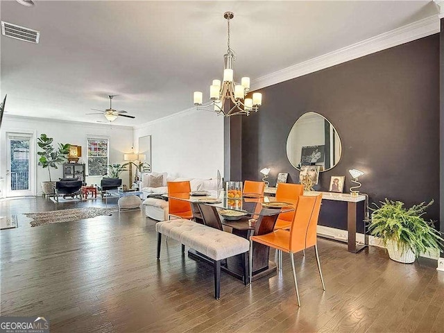 1127 Provence Ln, Decatur, GA 30033 - dining area with ceiling fan, wood finished floors, crown molding, and a chandelier