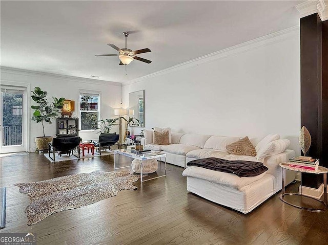 1127 Provence Ln, Decatur, GA 30033 - living area featuring a ceiling fan, wood finished floors, and ornamental molding