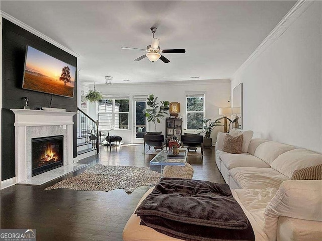 1127 Provence Ln, Decatur, GA 30033 - living area featuring healthy amount of natural light, ornamental molding, wood finished floors, a ceiling fan, and a high end fireplace