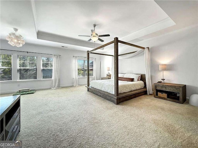1127 Provence Ln, Decatur, GA 30033 - bedroom with a raised ceiling, carpet floors, ornamental molding, and a ceiling fan