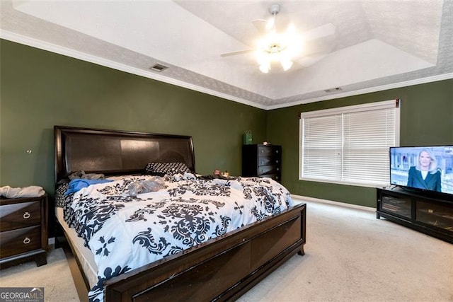 3265 Watson Gate Rd, Loganville, GA 30052 - carpeted bedroom with a raised ceiling, crown molding, and a ceiling fan