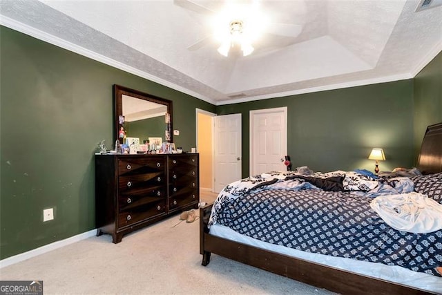 3265 Watson Gate Rd, Loganville, GA 30052 - bedroom featuring a raised ceiling, carpet floors, ornamental molding, baseboards, and a ceiling fan