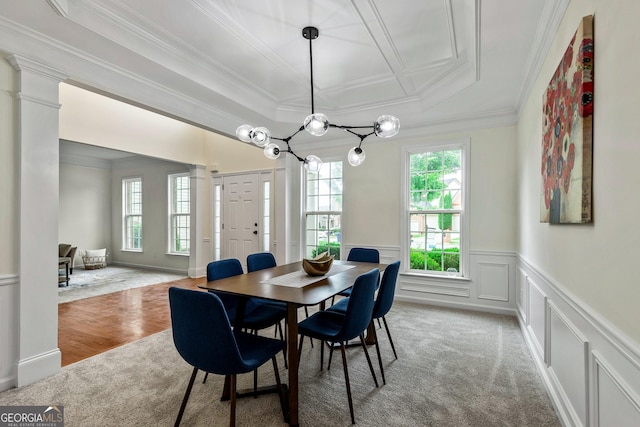 3153 Daleview Way SW, Atlanta, GA 30331 - dining space featuring ornamental molding, a decorative wall, wainscoting, light colored carpet, and decorative columns