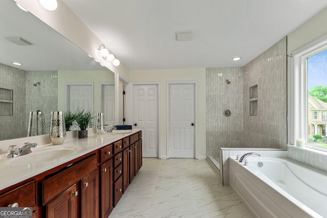 3153 Daleview Way SW, Atlanta, GA 30331 - full bath with marble finish flooring, tiled shower, double vanity, and a bath