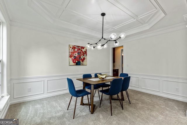 3153 Daleview Way SW, Atlanta, GA 30331 - dining room featuring carpet flooring, a chandelier, crown molding, coffered ceiling, and a wainscoted wall