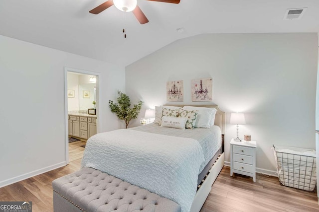 3426 Abbey Way, Gainesville, GA 30507 - bedroom with vaulted ceiling, light wood-style flooring, baseboards, ensuite bathroom, and a ceiling fan