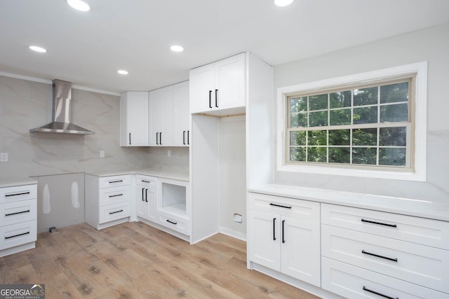 3193 Trasher Cir, Decatur, GA 30032 - kitchen with wall chimney exhaust hood, backsplash, recessed lighting, light wood finished floors, and white cabinets