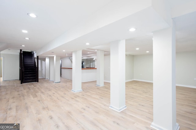 3193 Trasher Cir, Decatur, GA 30032 - finished below grade area featuring recessed lighting, light wood-type flooring, baseboards, stairs, and crown molding