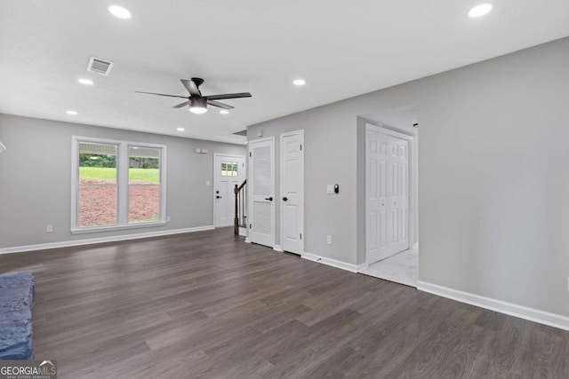 4657 Lou Ivy Rd, Peachtree Corners, GA 30096 - unfurnished living room featuring a ceiling fan, dark wood-type flooring, baseboards, and recessed lighting