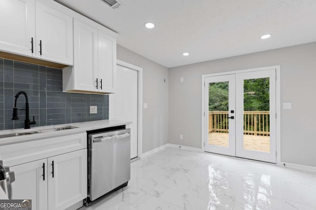 4657 Lou Ivy Rd, Peachtree Corners, GA 30096 - kitchen featuring stainless steel dishwasher, a sink, french doors, backsplash, and recessed lighting