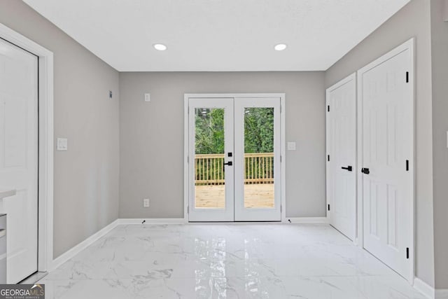 4657 Lou Ivy Rd, Peachtree Corners, GA 30096 - doorway to outside with french doors, light marble finish flooring, baseboards, and recessed lighting
