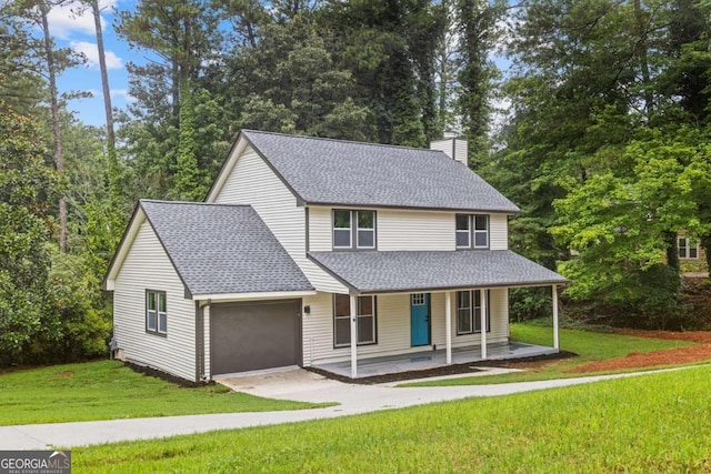4657 Lou Ivy Rd, Peachtree Corners, GA 30096 - view of front facade featuring an attached garage, covered porch, a chimney, a shingled roof, and driveway