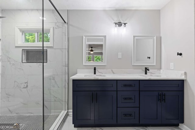 4657 Lou Ivy Rd, Peachtree Corners, GA 30096 - full bathroom with marble look tiles, a marble finish shower, double vanity, and baseboards