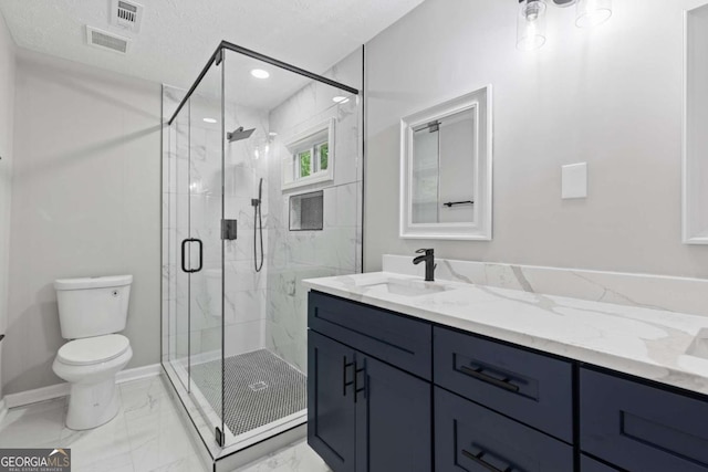 4657 Lou Ivy Rd, Peachtree Corners, GA 30096 - bathroom featuring marble finish flooring, toilet, baseboards, a marble finish shower, and vanity