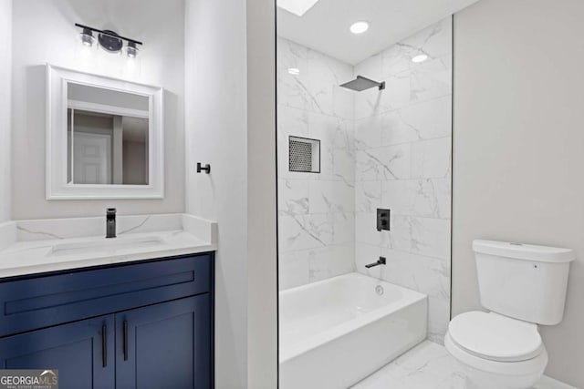 4657 Lou Ivy Rd, Peachtree Corners, GA 30096 - full bath with marble look tiles, toilet, vanity,  shower combination, and baseboards