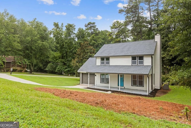 4657 Lou Ivy Rd, Peachtree Corners, GA 30096 - view of front of home featuring a porch, a chimney, a front yard, a garage, and a shingled roof