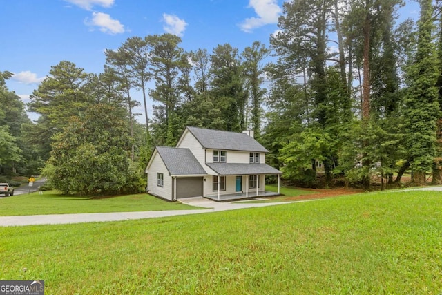 4657 Lou Ivy Rd, Peachtree Corners, GA 30096 - view of front of home with a porch, a front yard, driveway, a chimney, and a garage