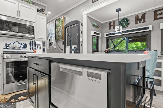 344 Choestoe Falls Cir, Blairsville, GA 30512 - kitchen with appliances with stainless steel finishes, crown molding, white cabinetry, backsplash, and light countertops